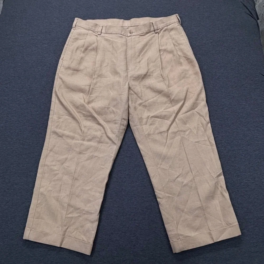 Jos‎ A Bank Pants Mens 40x26 Linen Classic Collection Pleated Cuffed Khaki Tan